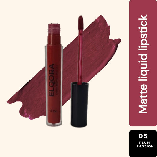 Elqora Cosmetics | Matte Liquid Lipstick I Long Lasting I Transferproof & Smudgeproof I Lasts upto 16hrs I I 4 ml, Plum Passion