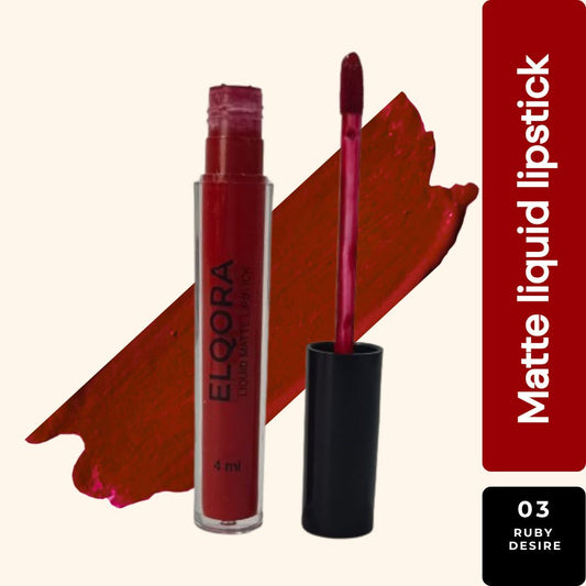 Elqora Cosmetics | Matte Liquid Lipstick I Long Lasting I Transferproof & Smudgeproof I Lasts upto 16hrs I I 4 ml, Ruby desire
